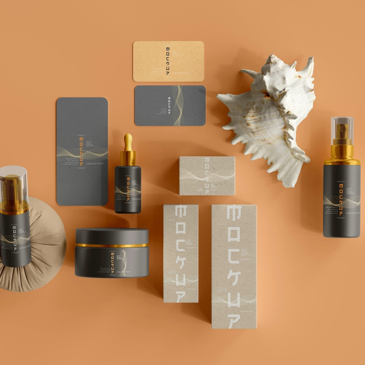 Brand identity packaging and products arranged on a warm surface.